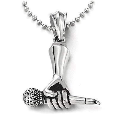 COOLSTEELANDBEYOND Mens Women Stainless Steel Hand Holding Microphone Pendant Necklace with 30 inches Ball Chain - coolsteelandbeyond