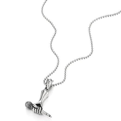 COOLSTEELANDBEYOND Mens Women Stainless Steel Hand Holding Microphone Pendant Necklace with 30 inches Ball Chain - coolsteelandbeyond