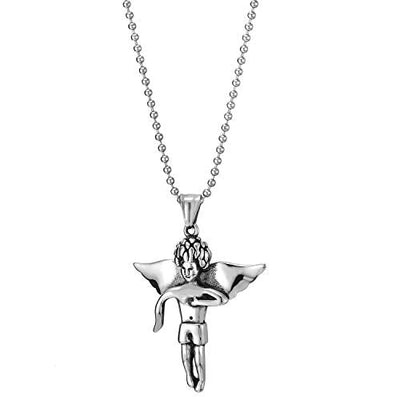 COOLSTEELANDBEYOND Mens Women Stainless Steel Vintage Angle Wing Body Pendant Necklace with 30 inches Ball Chain - coolsteelandbeyond