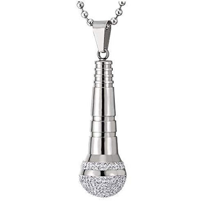 COOLSTEELANDBEYOND Mens Women Steel Microphone Pendant Necklace with Cubic Zirconia, Silver White, 30 inches Ball Chain - coolsteelandbeyond