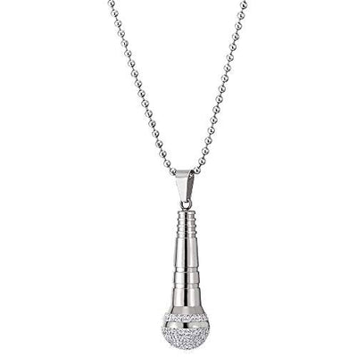 COOLSTEELANDBEYOND Mens Women Steel Microphone Pendant Necklace with Cubic Zirconia, Silver White, 30 inches Ball Chain - coolsteelandbeyond