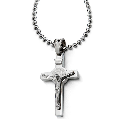 COOLSTEELANDBEYOND Mens Women Steel Small Jesus Christ Crucifix Cross Pendant Necklace with 23.6 inches Ball Chain - coolsteelandbeyond