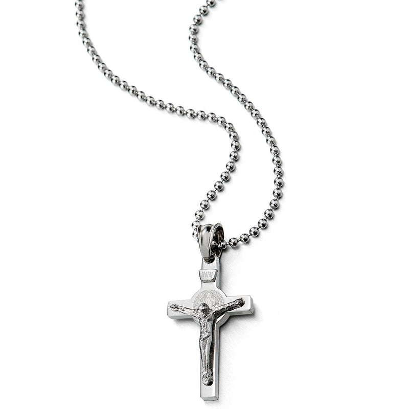 COOLSTEELANDBEYOND Mens Women Steel Small Jesus Christ Crucifix Cross Pendant Necklace with 23.6 inches Ball Chain - coolsteelandbeyond