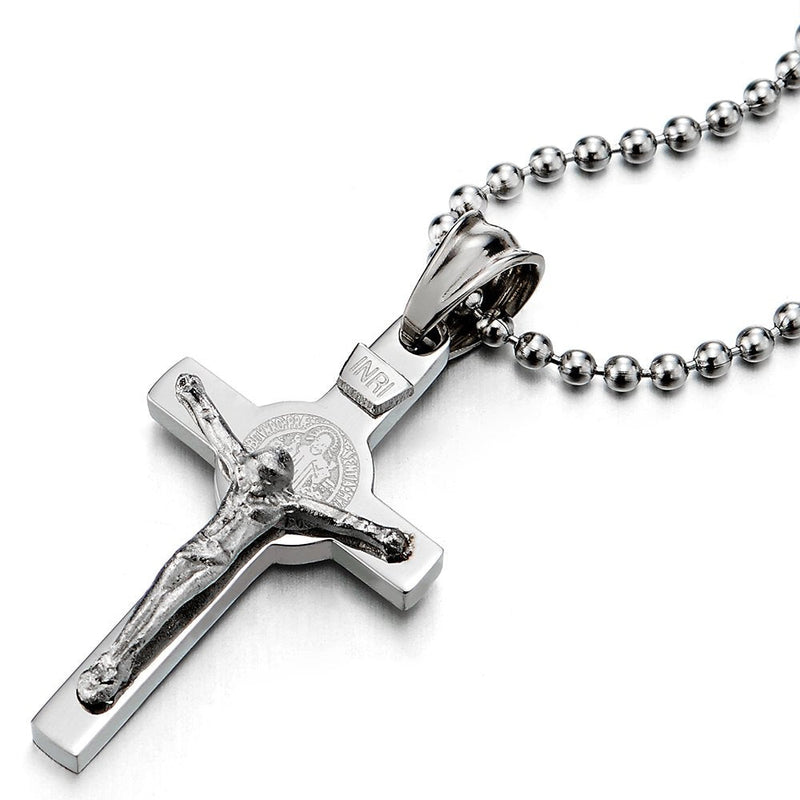 COOLSTEELANDBEYOND Mens Women Steel Small Jesus Christ Crucifix Cross Pendant Necklace with 23.6 inches Ball Chain - coolsteelandbeyond