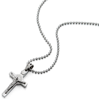 COOLSTEELANDBEYOND Mens Women Steel Small Jesus Christ Crucifix Cross Pendant Necklace with 23.6 inches Ball Chain - coolsteelandbeyond