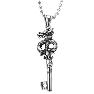 Mens Womens Stainless Steel Vintage Antique Dragon Key Pendant Necklace with Black Cubic Zirconia - COOLSTEELANDBEYOND Jewelry