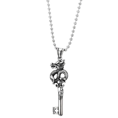 Mens Womens Stainless Steel Vintage Antique Dragon Key Pendant Necklace with Black Cubic Zirconia - COOLSTEELANDBEYOND Jewelry