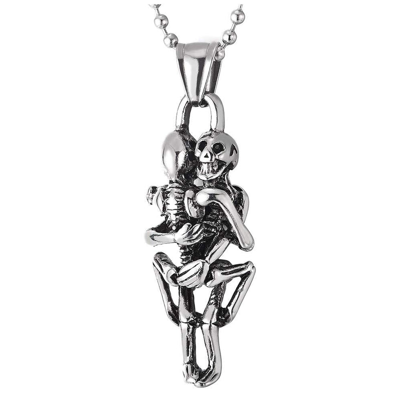 Mens Womens Stainless Steel Vintage Hugging Skull Skeleton Pendant Necklace, 23.6 inches Ball Chain - COOLSTEELANDBEYOND Jewelry