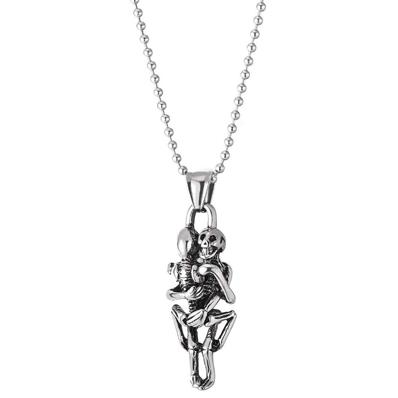 Mens Womens Stainless Steel Vintage Hugging Skull Skeleton Pendant Necklace, 23.6 inches Ball Chain - COOLSTEELANDBEYOND Jewelry