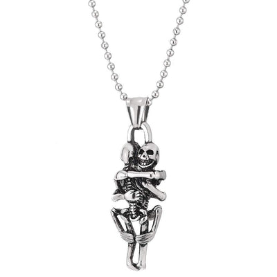 Mens Womens Stainless Steel Vintage Hugging Skull Skeleton Pendant Necklace, 23.6 inches Ball Chain - COOLSTEELANDBEYOND Jewelry