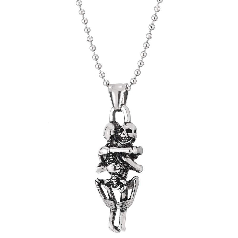 Mens Womens Stainless Steel Vintage Hugging Skull Skeleton Pendant Necklace, 23.6 inches Ball Chain - COOLSTEELANDBEYOND Jewelry