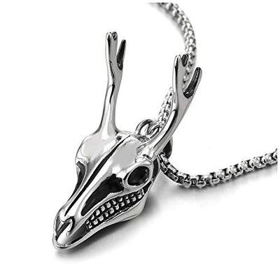 COOLSTEELANDBEYOND Mens Womens Steel Deer Reindeer Head Skull Skeleton Horn Pendant Necklace with 30 Inches Wheat Chain - coolsteelandbeyond