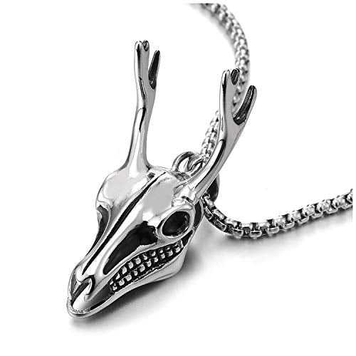COOLSTEELANDBEYOND Mens Womens Steel Deer Reindeer Head Skull Skeleton Horn Pendant Necklace with 30 Inches Wheat Chain - coolsteelandbeyond