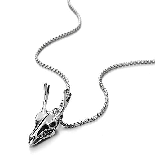 COOLSTEELANDBEYOND Mens Womens Steel Deer Reindeer Head Skull Skeleton Horn Pendant Necklace with 30 Inches Wheat Chain - coolsteelandbeyond