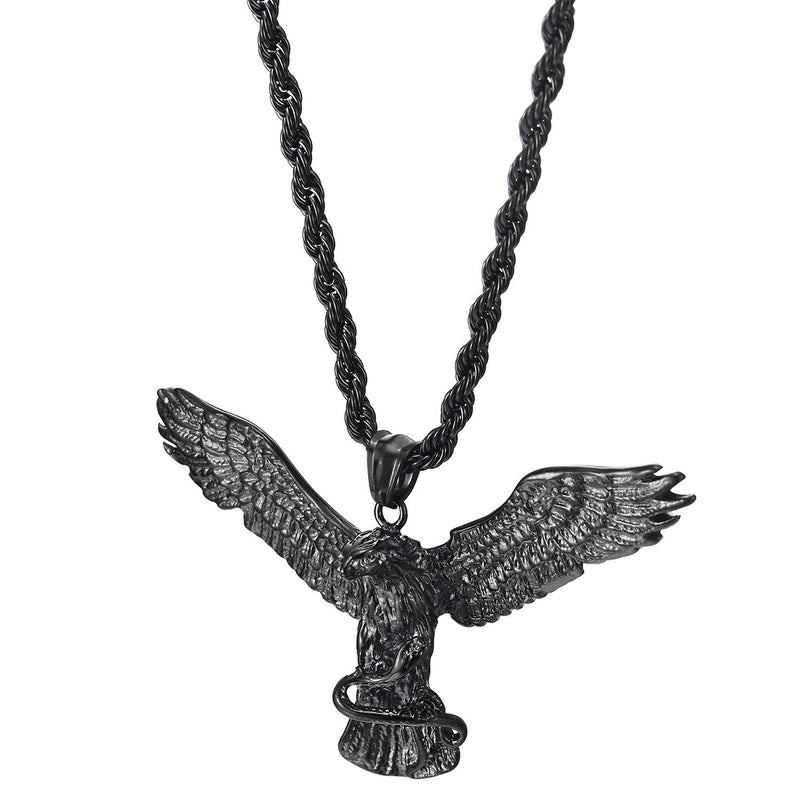 Mens Womens Vintage Flying Eagle Grabbing Snake Pendant Necklace Stainless Steel, 30 in Wheat Chain - COOLSTEELANDBEYOND Jewelry