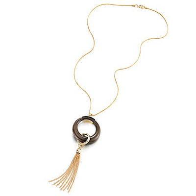 COOLSTEELANDBEYOND New Gold Statement Necklace Long Chain Y-Shape with Resin Open Circle Charm Pendant and Tassel, Prom - coolsteelandbeyond
