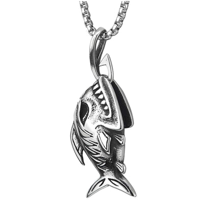 Shark Sharp Teeth Fish Skeleton Bone Pendant Necklace Steel Gothic Style, 30 inches Wheat Chain - COOLSTEELANDBEYOND Jewelry