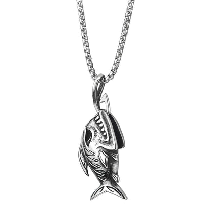 Shark Sharp Teeth Fish Skeleton Bone Pendant Necklace Steel Gothic Style, 30 inches Wheat Chain - COOLSTEELANDBEYOND Jewelry