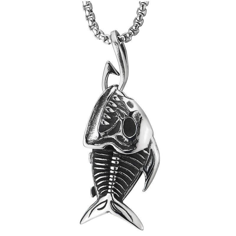 Shark Sharp Teeth Fish Skeleton Bone Pendant Necklace Steel Gothic Style, 30 inches Wheat Chain - COOLSTEELANDBEYOND Jewelry