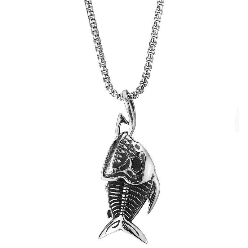 Shark Sharp Teeth Fish Skeleton Bone Pendant Necklace Steel Gothic Style, 30 inches Wheat Chain - COOLSTEELANDBEYOND Jewelry