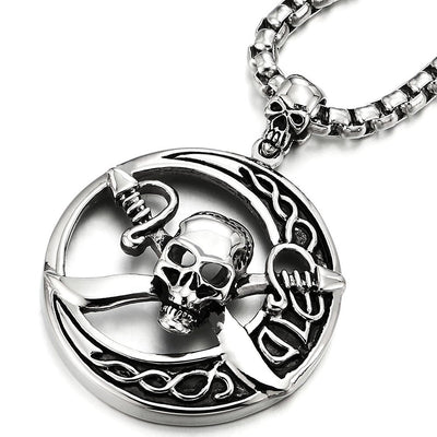 Stainless Steel Large Circle Pirate Skull Pendant Necklace for Men, 30 in Chain, Gothic Tribal - COOLSTEELANDBEYOND Jewelry