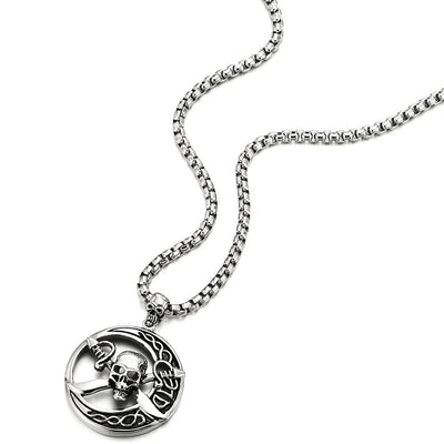 Stainless Steel Large Circle Pirate Skull Pendant Necklace for Men, 30 in Chain, Gothic Tribal - COOLSTEELANDBEYOND Jewelry