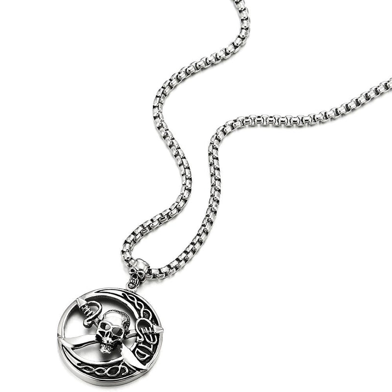 Stainless Steel Large Circle Pirate Skull Pendant Necklace for Men, 30 in Chain, Gothic Tribal - COOLSTEELANDBEYOND Jewelry