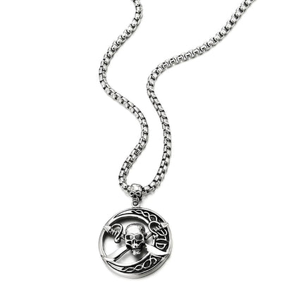 Stainless Steel Large Circle Pirate Skull Pendant Necklace for Men, 30 in Chain, Gothic Tribal - COOLSTEELANDBEYOND Jewelry