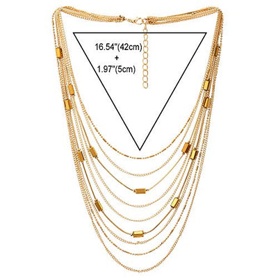 COOLSTEELANDBEYOND Statement Choker Collar Necklace Waterfall Multi-Strand Chain with Rectangle Crystal Bead Charm - coolsteelandbeyond