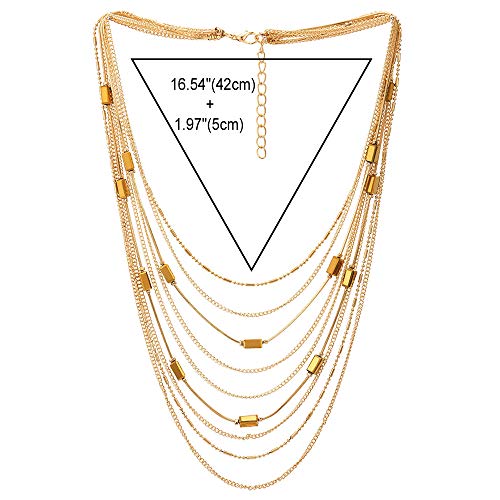COOLSTEELANDBEYOND Statement Choker Collar Necklace Waterfall Multi-Strand Chain with Rectangle Crystal Bead Charm - coolsteelandbeyond