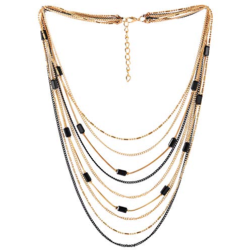 COOLSTEELANDBEYOND Statement Choker Collar Necklace Waterfall Multi-Strand Chain with Rectangle Crystal Bead Charm - coolsteelandbeyond