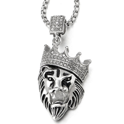 COOLSTEELANDBEYOND Steel Crown Lion King Pendant Necklace with Cubic Zirconia for Man Women, 30 inches Wheat Chain - coolsteelandbeyond