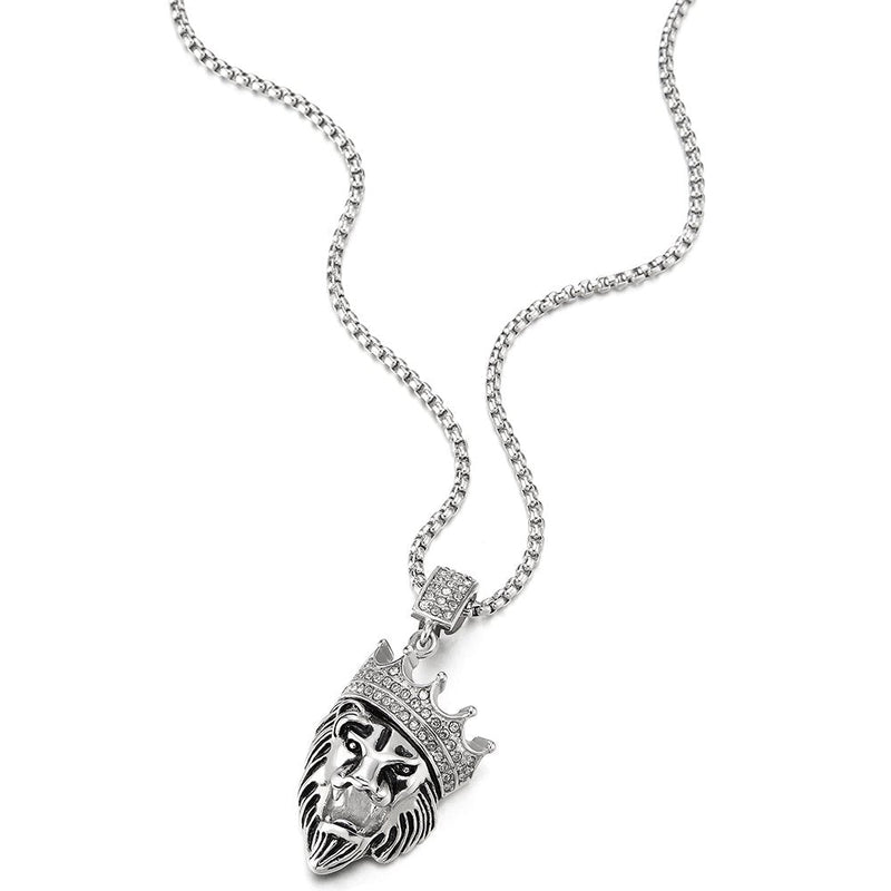 COOLSTEELANDBEYOND Steel Crown Lion King Pendant Necklace with Cubic Zirconia for Man Women, 30 inches Wheat Chain - coolsteelandbeyond