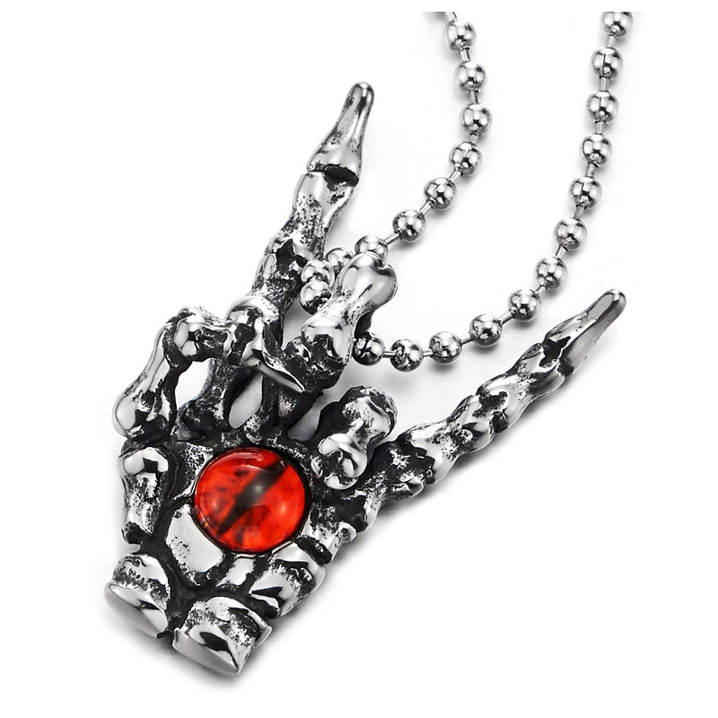 Steel Vintage Rock and Roll Hand Sign Gesture Skeleton Hand Claw Pendant Necklace with Red Evil Eye