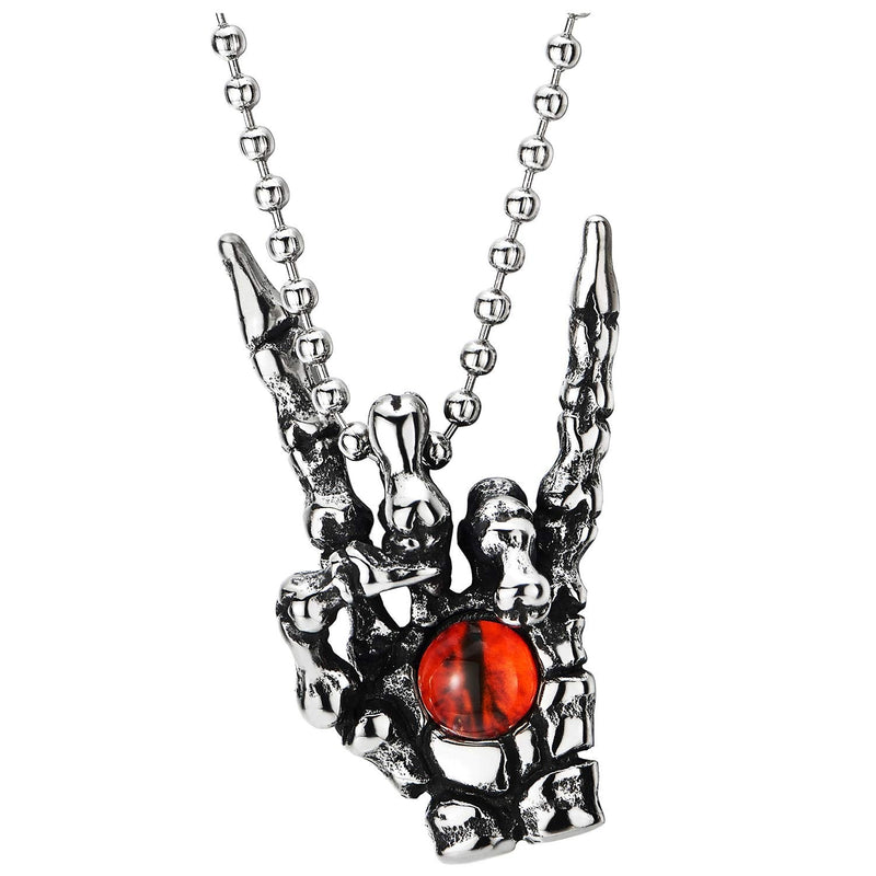 Steel Vintage Rock and Roll Hand Sign Gesture Skeleton Hand Claw Pendant Necklace with Red Evil Eye