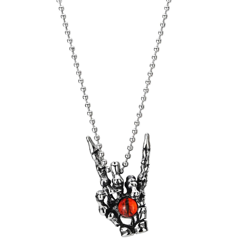Steel Vintage Rock and Roll Hand Sign Gesture Skeleton Hand Claw Pendant Necklace with Red Evil Eye