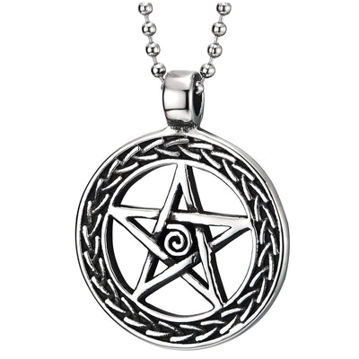 COOLSTEELANDBEYOND Steel Vintage Unisex Spiral Star Pentagram Circle Pendant Necklace with Ear of Wheat, 30 in Chain - coolsteelandbeyond