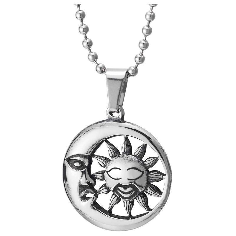 Sun Moon Crescent Circle Medal Pendant Necklace, Men Womens Steel, 23.6 in Ball Chain