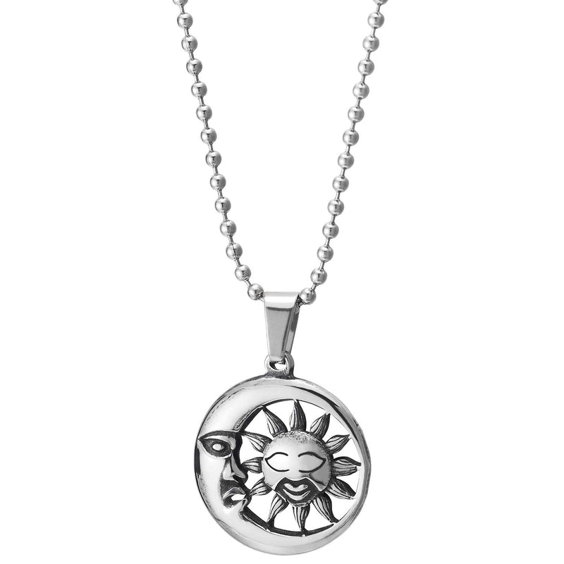 Sun Moon Crescent Circle Medal Pendant Necklace, Men Womens Steel, 23.6 in Ball Chain