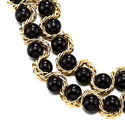 Two-Layers Choker Collar Statement Necklace Black Onyx Beads String with Gold Braided Chain Pendant