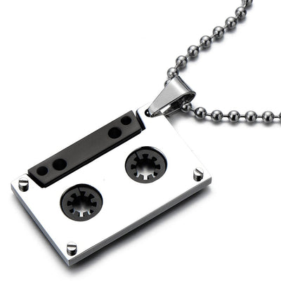 COOLSTEELANDBEYOND Unisex Cassette Pendant Necklace for Men for Women Stainless Steel with 30 Inches Ball Chain - coolsteelandbeyond