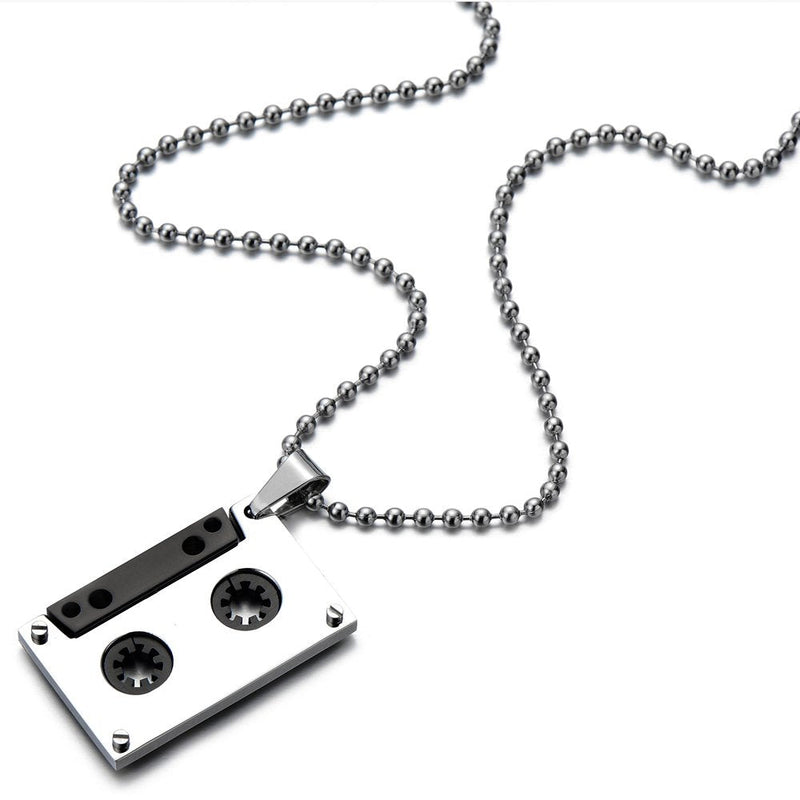 COOLSTEELANDBEYOND Unisex Cassette Pendant Necklace for Men for Women Stainless Steel with 30 Inches Ball Chain - coolsteelandbeyond