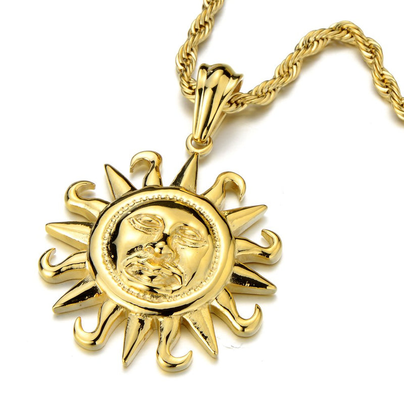 Vintage Unisex Golden Sun Pendant Necklace for Men for Women Stainless Steel with 23.9 in Rope Chain - COOLSTEELANDBEYOND Jewelry