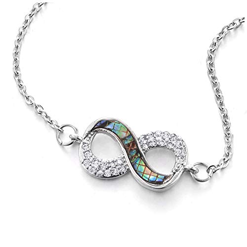 COOLSTEELANDBEYOND Women Steel Infinity Love Number 8 Pendant Necklace with Blue Mother of Pearl, Cubic Zirconia - coolsteelandbeyond