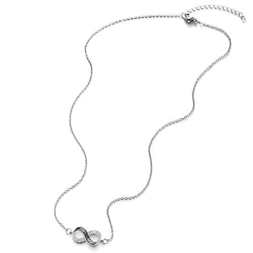 COOLSTEELANDBEYOND Women Steel Infinity Love Number 8 Pendant Necklace with Blue Mother of Pearl, Cubic Zirconia - coolsteelandbeyond