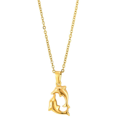 COOLSTEELANDBEYOND Womens Steel Gold Color Two Dolphins Playing Circle Pendant Necklace with 20 inches Rope Chain - coolsteelandbeyond