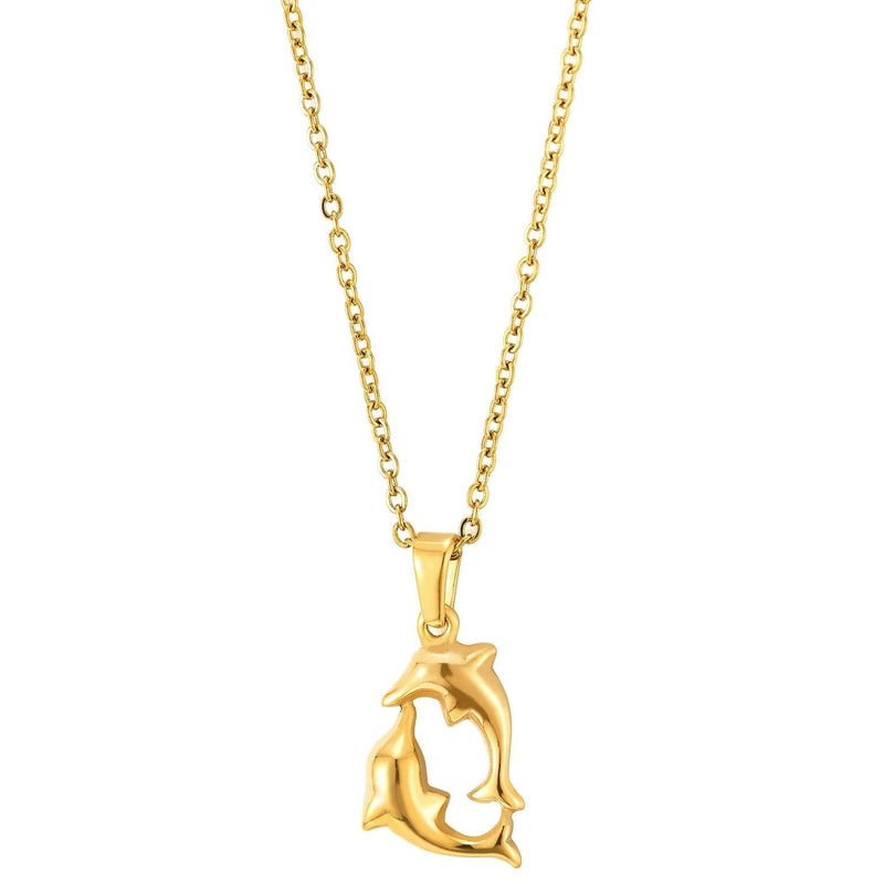 COOLSTEELANDBEYOND Womens Steel Gold Color Two Dolphins Playing Circle Pendant Necklace with 20 inches Rope Chain - coolsteelandbeyond