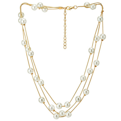 Gold Statement Necklace Three-Strand Long Chains with Synthetic White Pearl Beads, Elegant, Dress