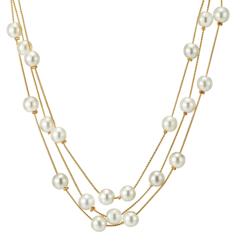 Gold Statement Necklace Three-Strand Long Chains with Synthetic White Pearl Beads, Elegant, Dress