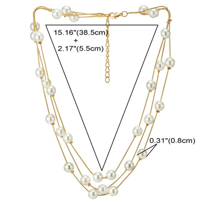 Gold Statement Necklace Three-Strand Long Chains with Synthetic White Pearl Beads, Elegant, Dress